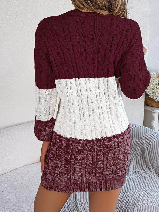 Cable Burgundy Knit Sweater Dress with Textured Pattern - IVORYNN