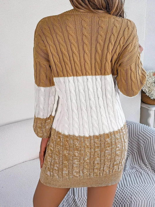 Cable Camel Knit Sweater Dress with Textured Pattern - IVORYNN
