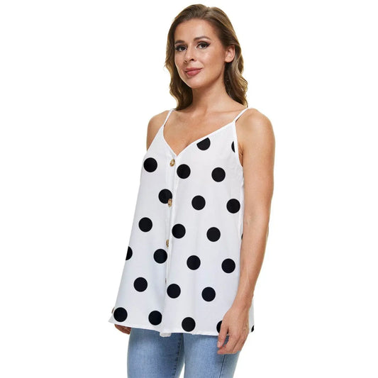 Casual Spaghetti Strap Chiffon Top Dots - White - IVORYNN