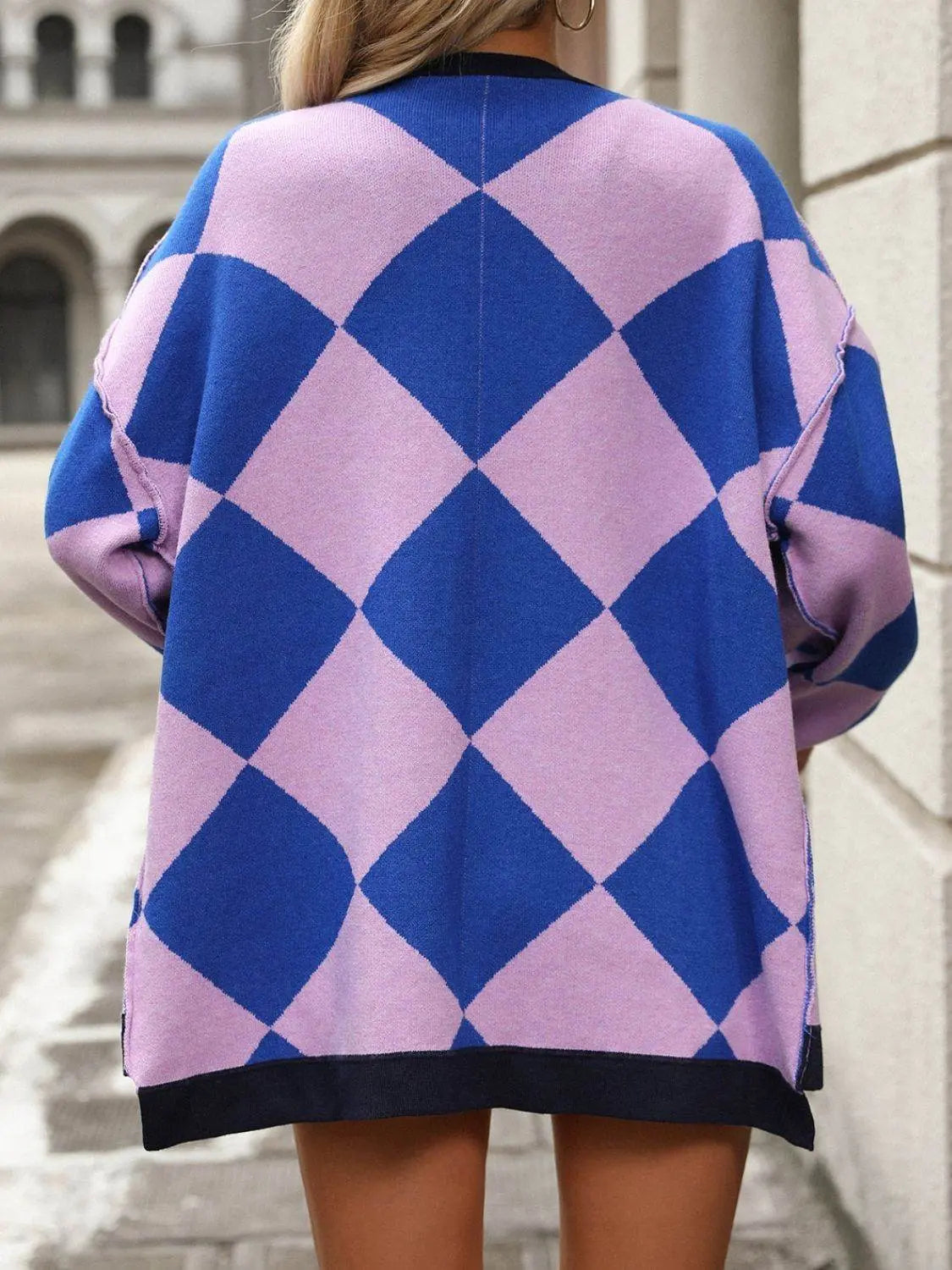 Checkered Dropped Shoulder Long Sleeve Cardigan - IVORYNN