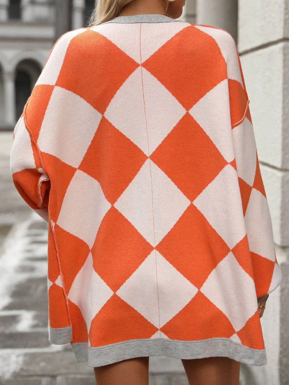 Checkered Dropped Shoulder Long Sleeve Cardigan - IVORYNN