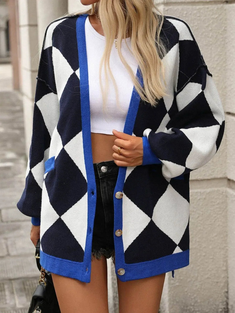 Checkered Dropped Shoulder Long Sleeve Cardigan - IVORYNN