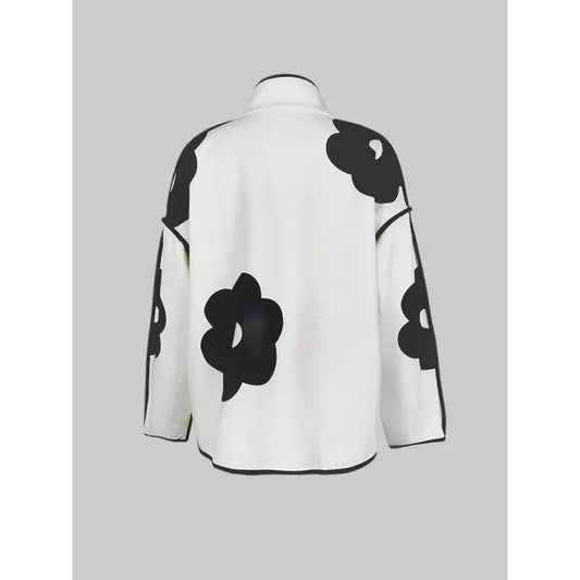 Chic Floral Contrast Loose Stand Collar Jacket - IVORYNN