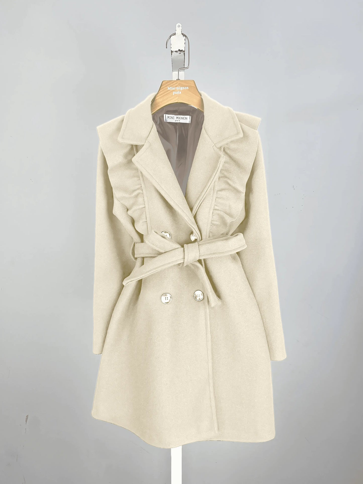 Chic Lined Beige Jacket with Ruffles and Belt - IVORYNN