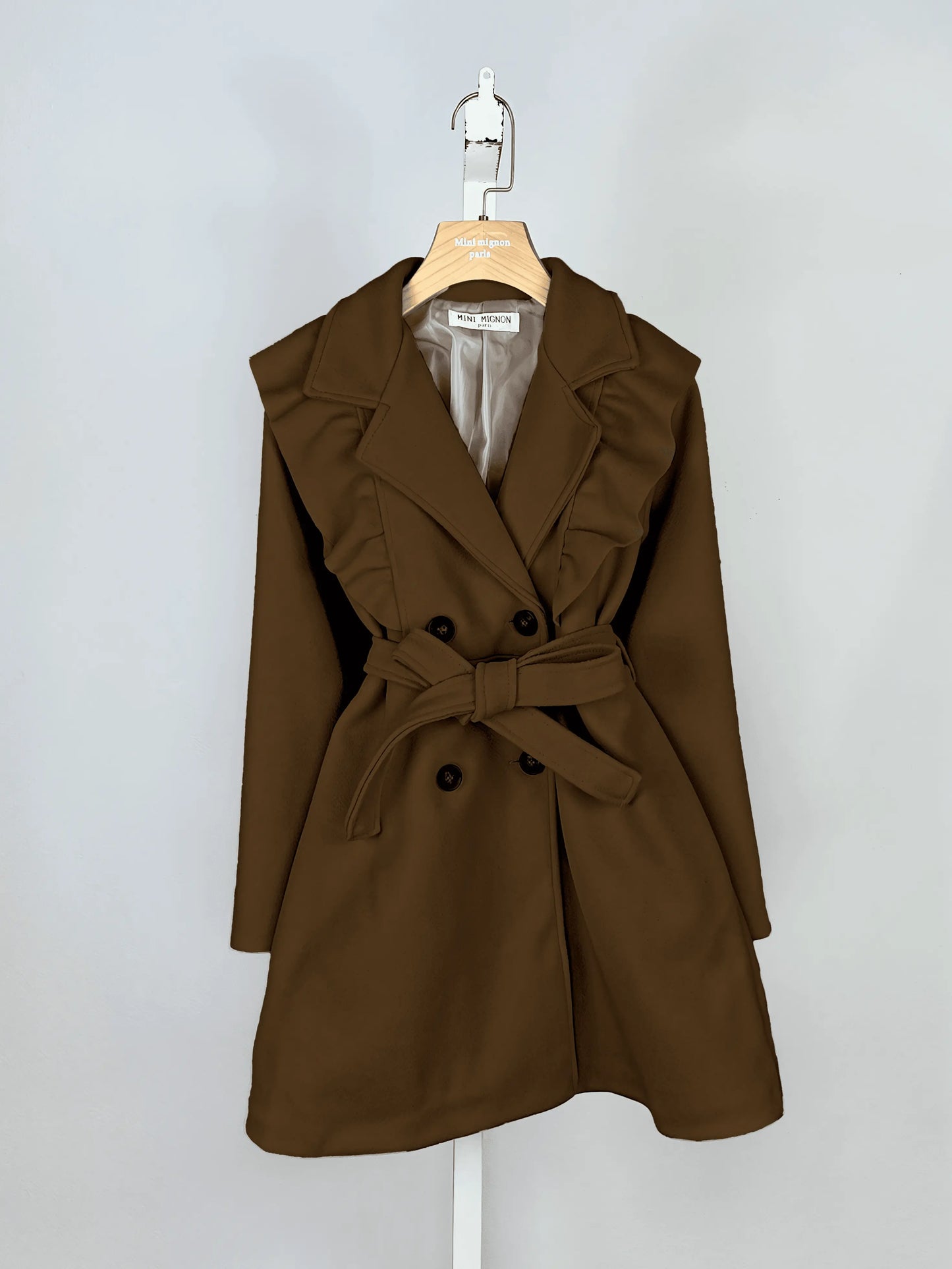 Chic Lined Chocolate Jacket with Ruffles and Belt - IVORYNN