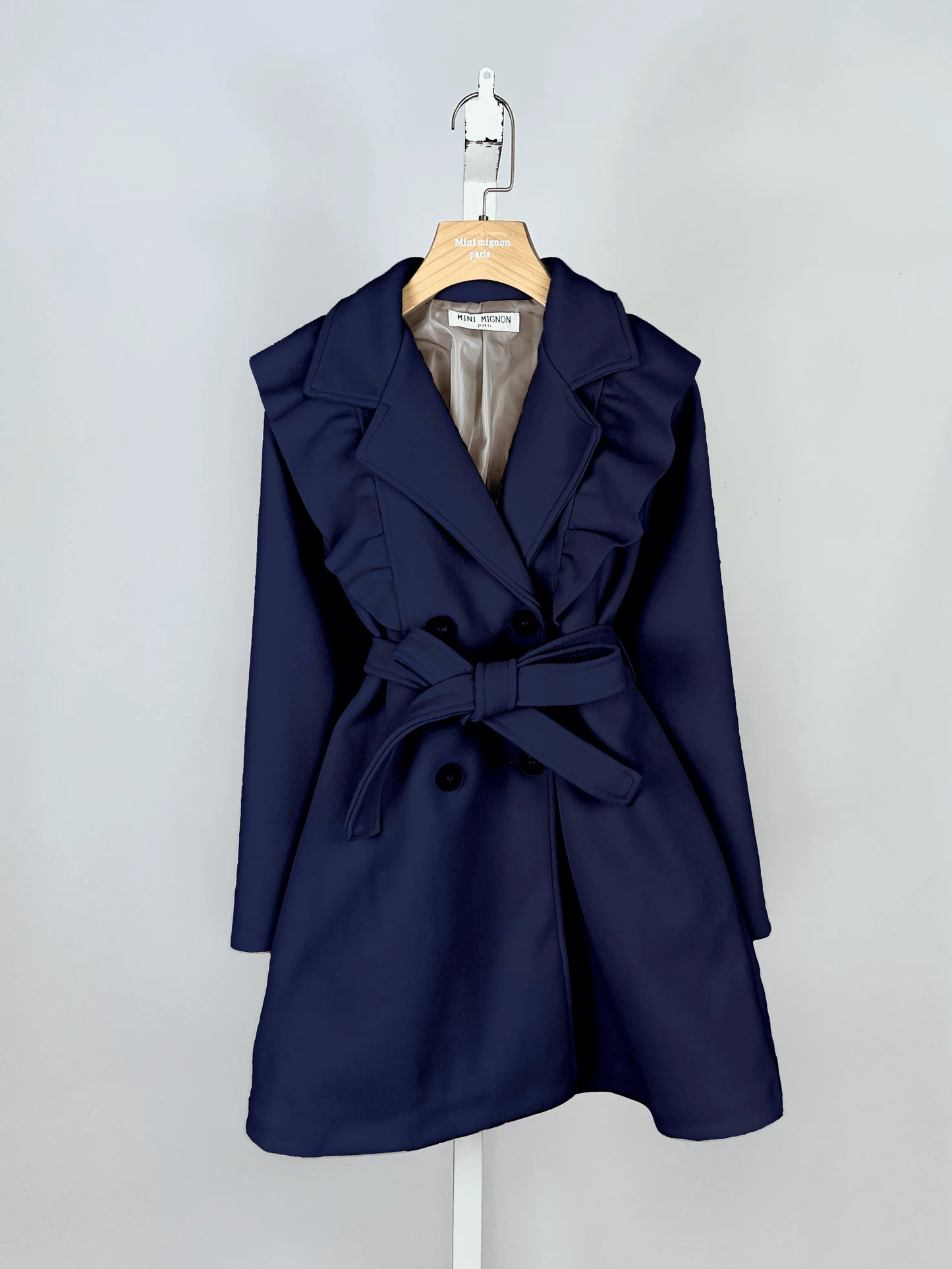 Chic Lined Navy Jacket with Ruffles and Belt - IVORYNN