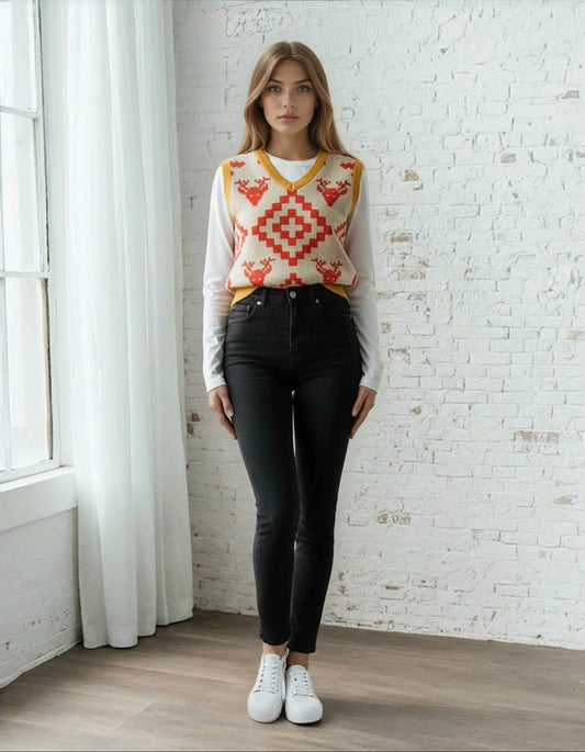 Classic Vintage V-neck Orange Women Knitted vest - IVORYNN