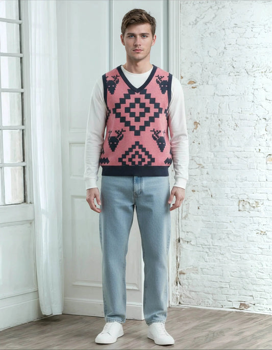 Classic Vintage V-neck Pink Men Knitted vest - IVORYNN