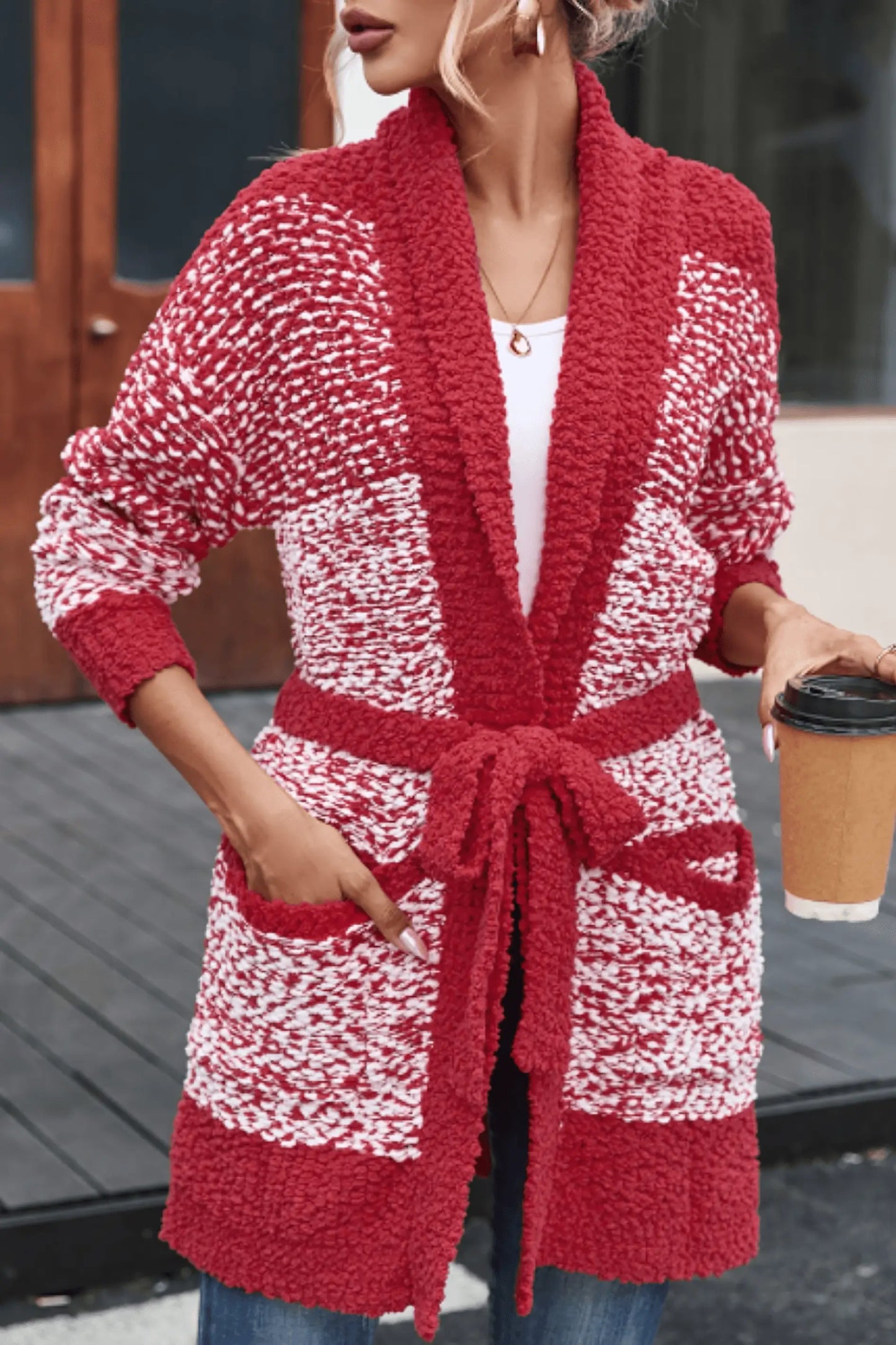 Contrast Trim Open Front Longline Knitted Cardigan - IVORYNN