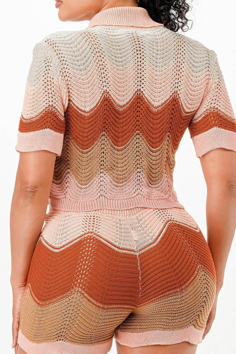 Cream Brown Knit Cardigan Short Set - IVORYNN