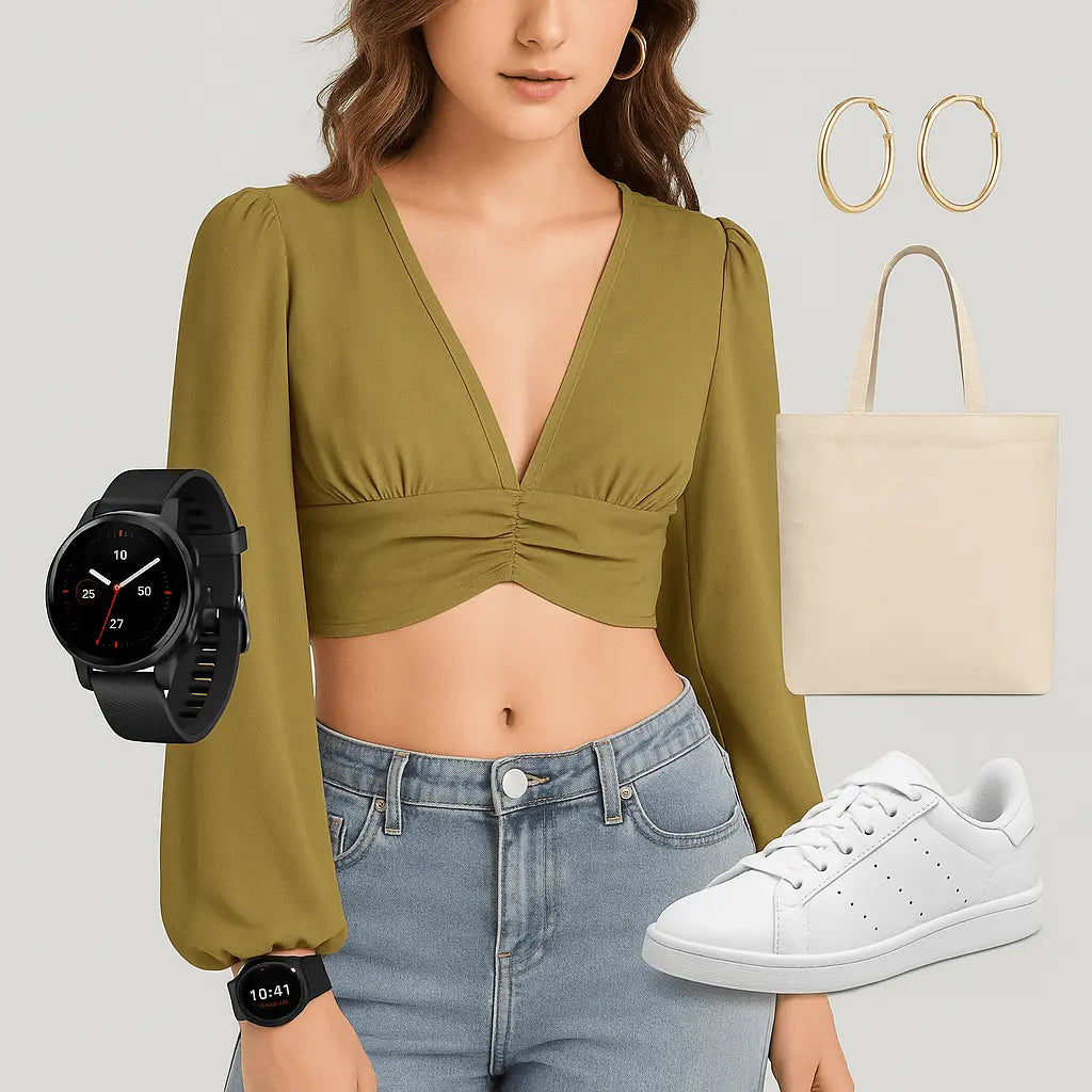 Cumin Deep V-Neck Lantern Sleeve Crop Top - IVORYNN