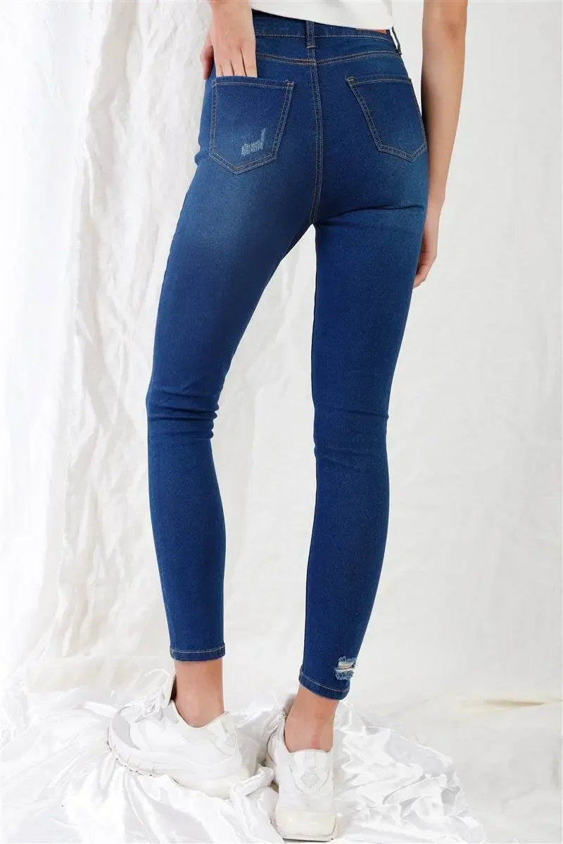Dark Blue High-waisted With Rips Skinny Denim Jeans - IVORYNN