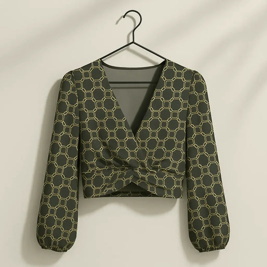 Deep V-Neck Lantern Sleeve Crop Top - IVORYNN