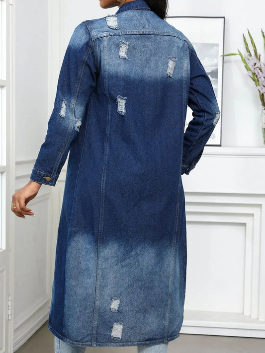 Distressed Button Up Collared Neck Denim Long Shirt - IVORYNN