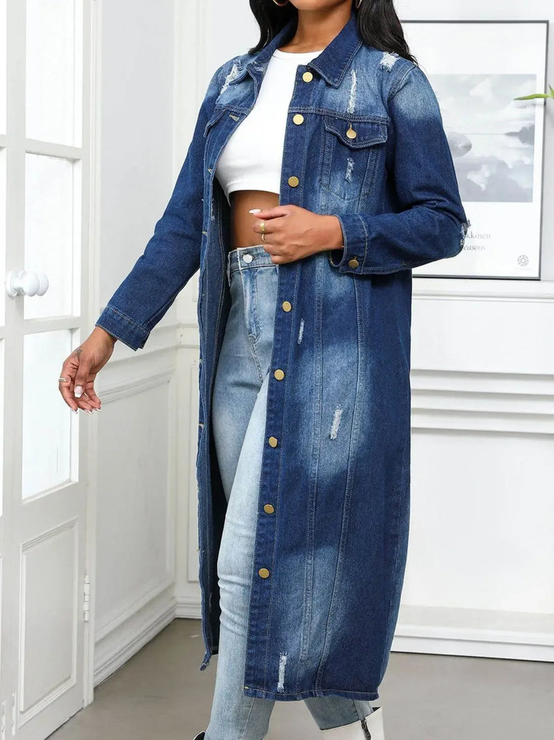 Distressed Button Up Collared Neck Denim Long Shirt - IVORYNN