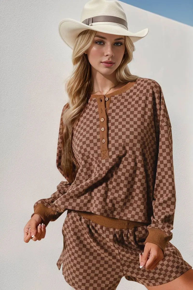 Double Take Checkered Half Button Top and Shorts Set - IVORYNN