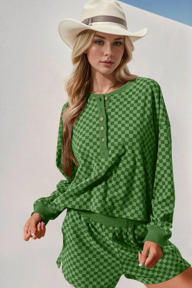 Double Take Checkered Half Button Top and Shorts Set - IVORYNN