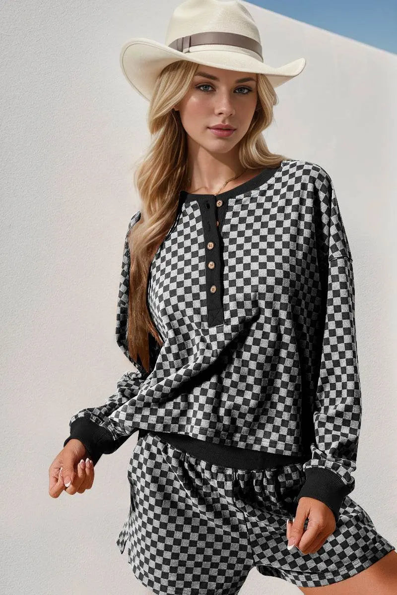 Double Take Checkered Half Button Top and Shorts Set - IVORYNN