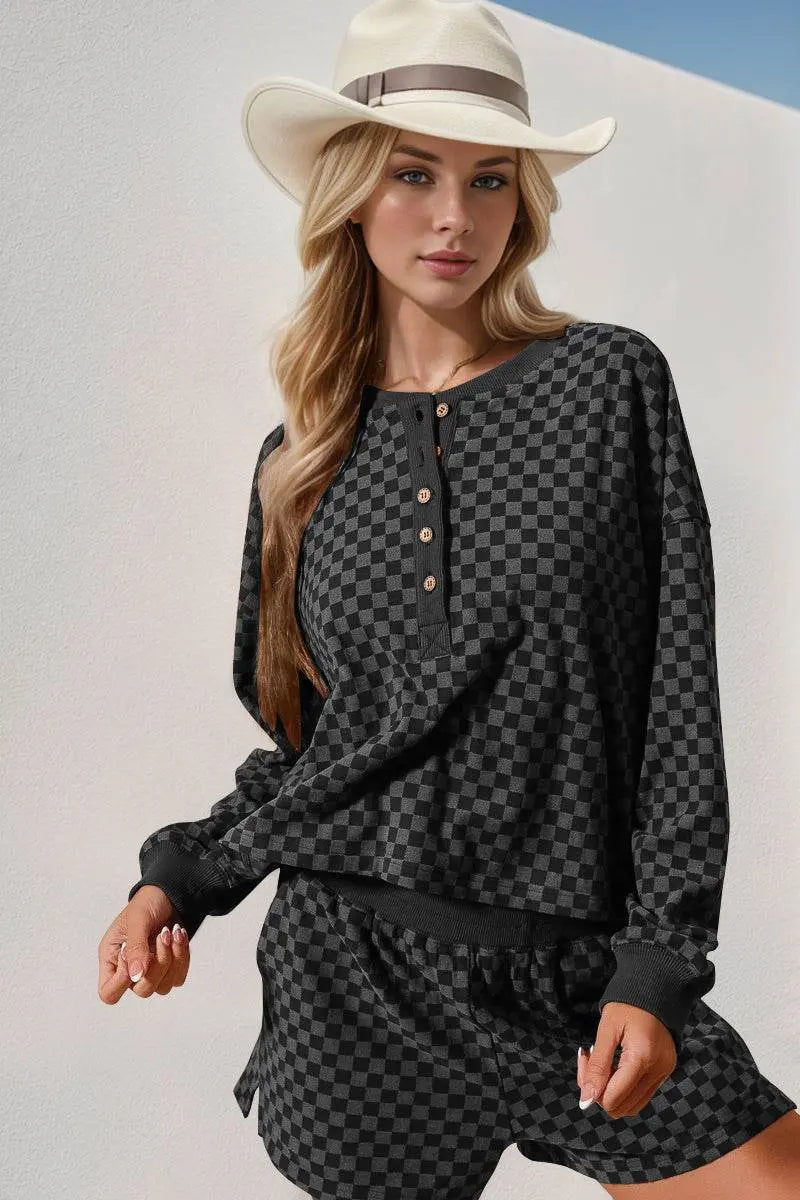Double Take Checkered Half Button Top and Shorts Set - IVORYNN