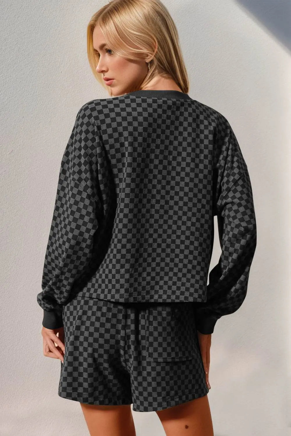 Double Take Checkered Half Button Top and Shorts Set - IVORYNN