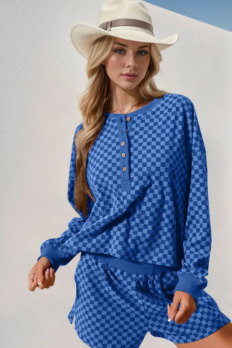 Double Take Checkered Half Button Top and Shorts Set - IVORYNN