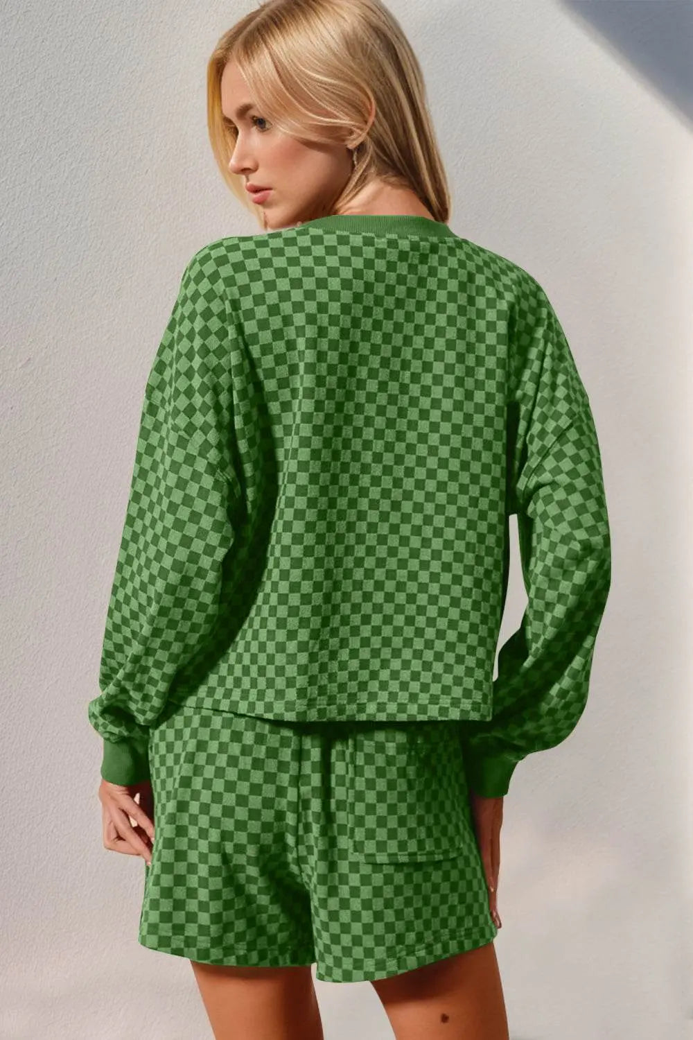 Double Take Checkered Half Button Top and Shorts Set - IVORYNN