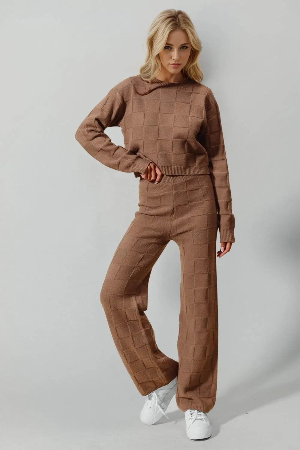 Double Take Checkered Round Neck Top and Pants Set - IVORYNN