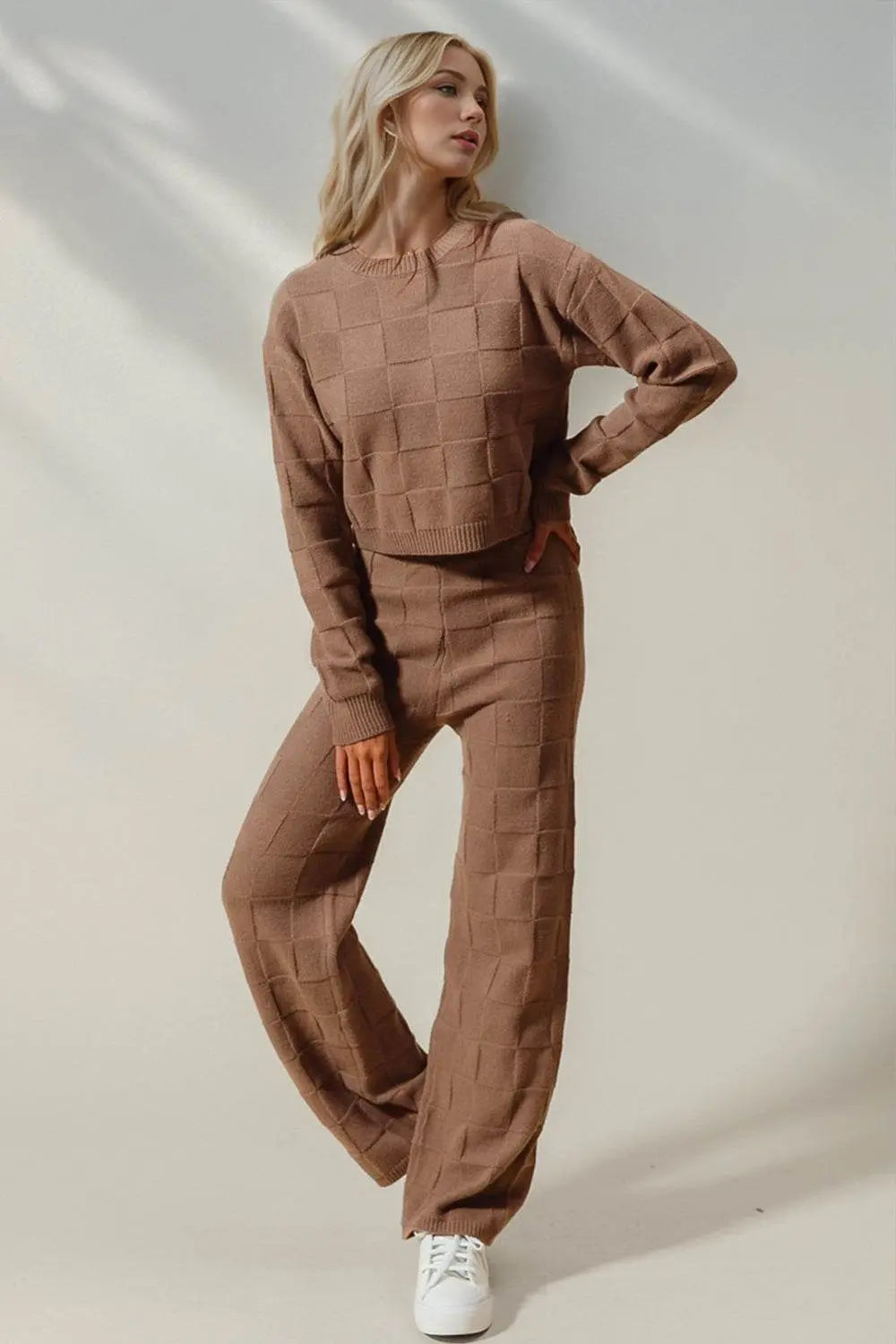 Double Take Checkered Round Neck Top and Pants Set - IVORYNN