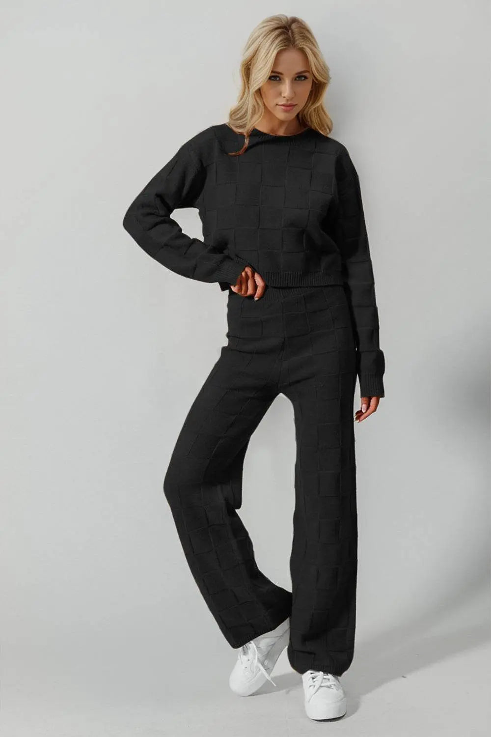 Double Take Checkered Round Neck Top and Pants Set - IVORYNN