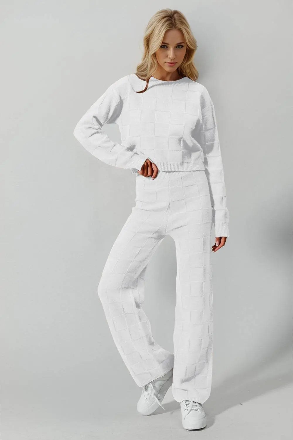 Double Take Checkered Round Neck Top and Pants Set - IVORYNN