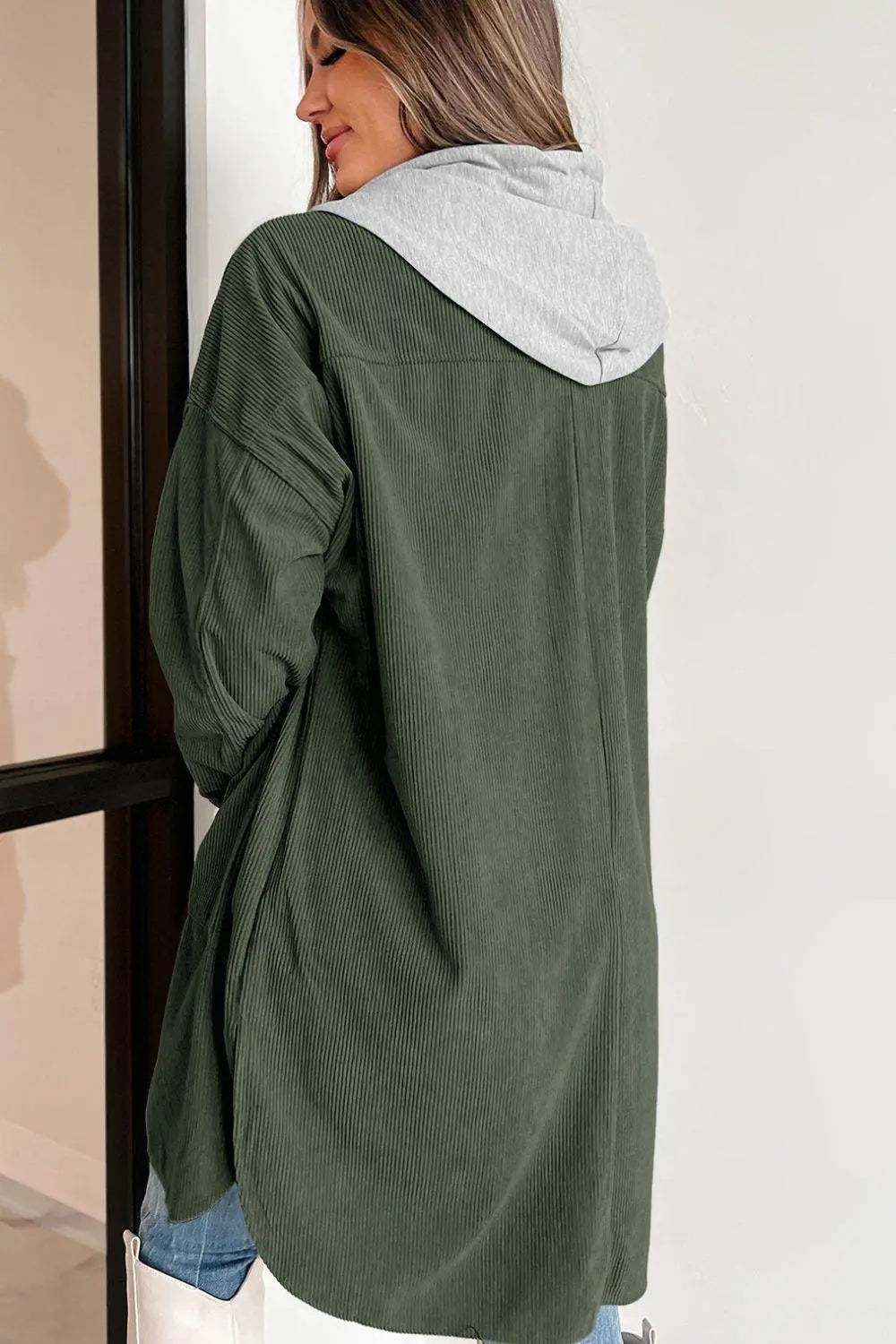 Drawstring Button Up Long Sleeve Hooded Jacket - IVORYNN