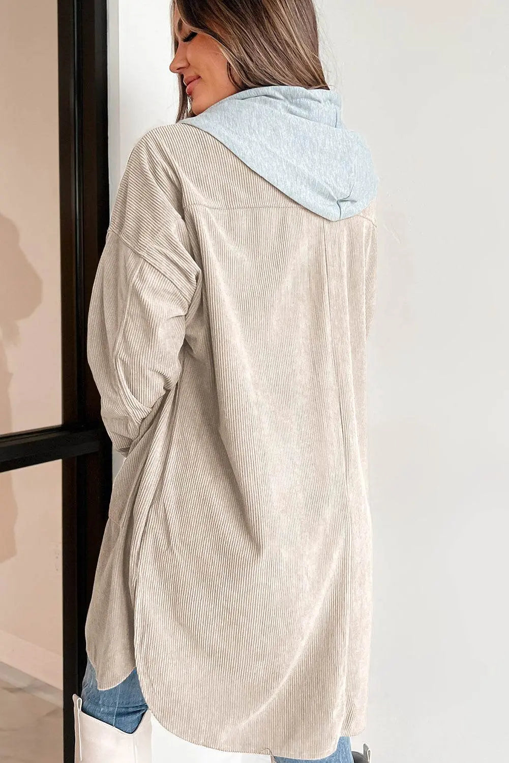 Drawstring Button Up Long Sleeve Hooded Jacket - IVORYNN