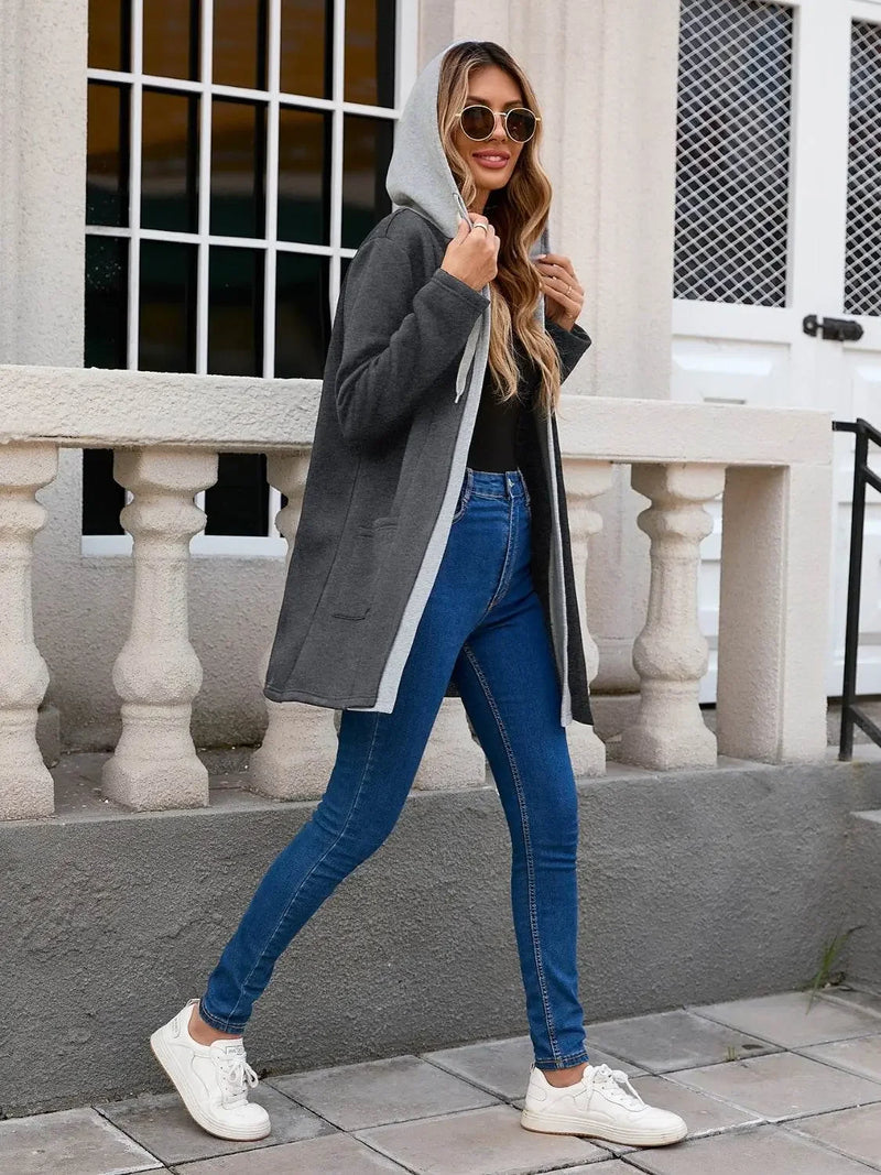 Drawstring Long Sleeve Hooded Jacket - IVORYNN