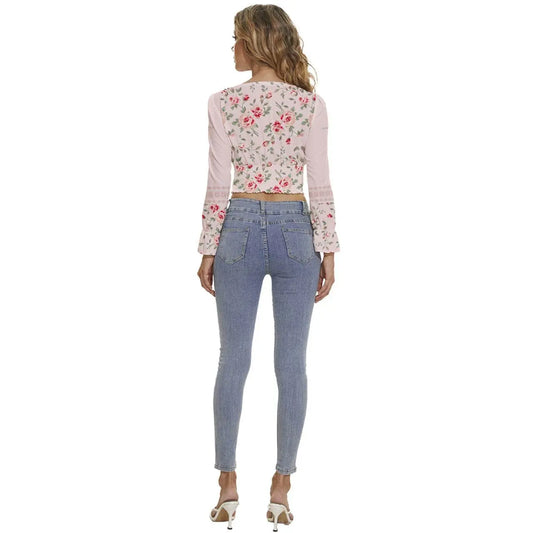 Dressy Floral Long Sleeve Linen V-Neck Top - IVORYNN