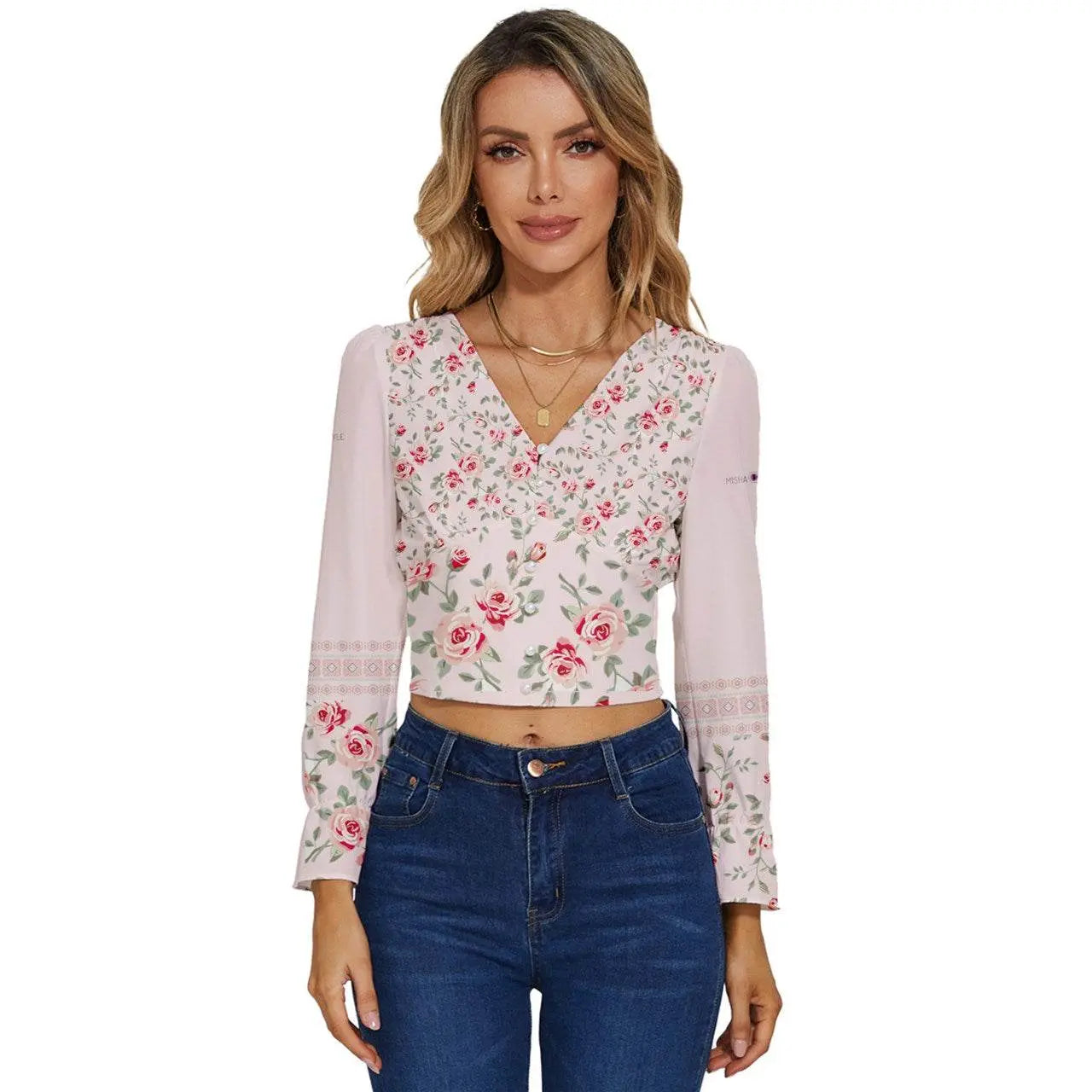 Dressy Floral Long Sleeve Linen V-Neck Top - IVORYNN