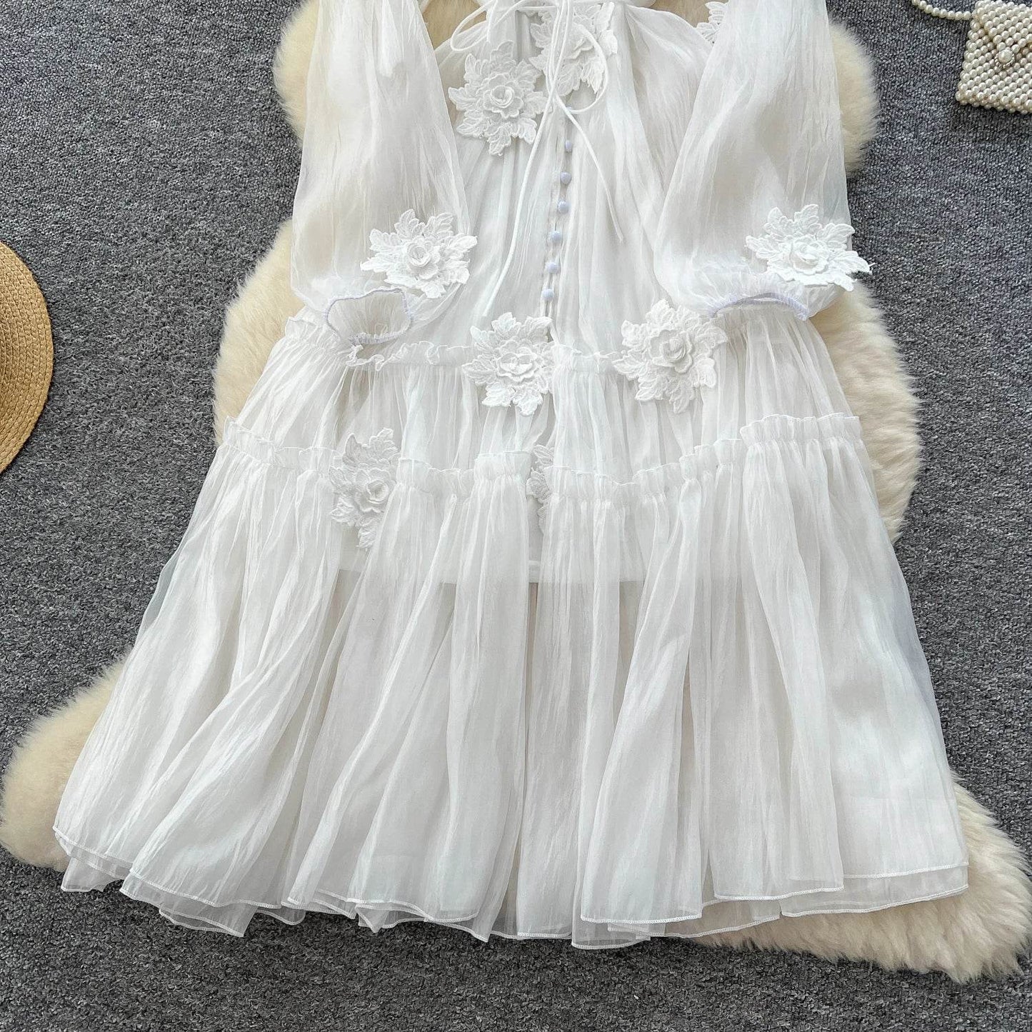 Elegant Floral Embroidery Sash Tie Chiffon Dress - IVORYNN