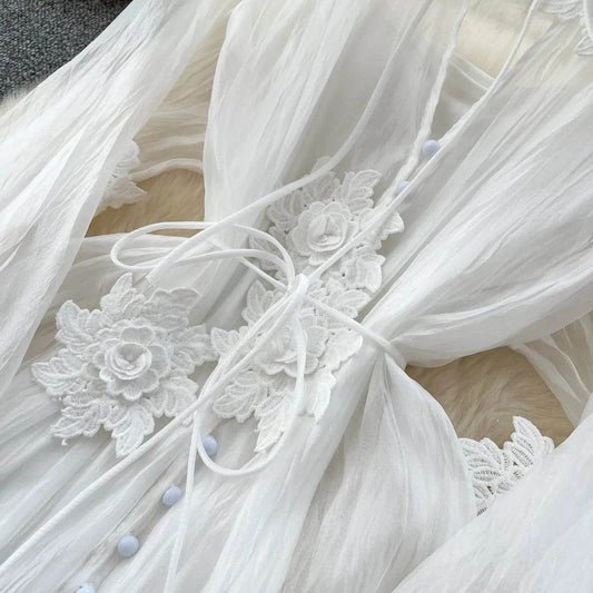 Elegant Floral Embroidery Sash Tie Chiffon Dress - IVORYNN