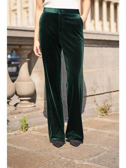Elegant High Waisted Straight Cut Bottle green Velvet Trousers - IVORYNN