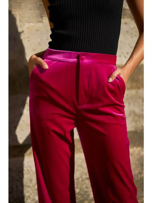 Elegant High Waisted Straight Cut Fuchsia Velvet Trousers - IVORYNN