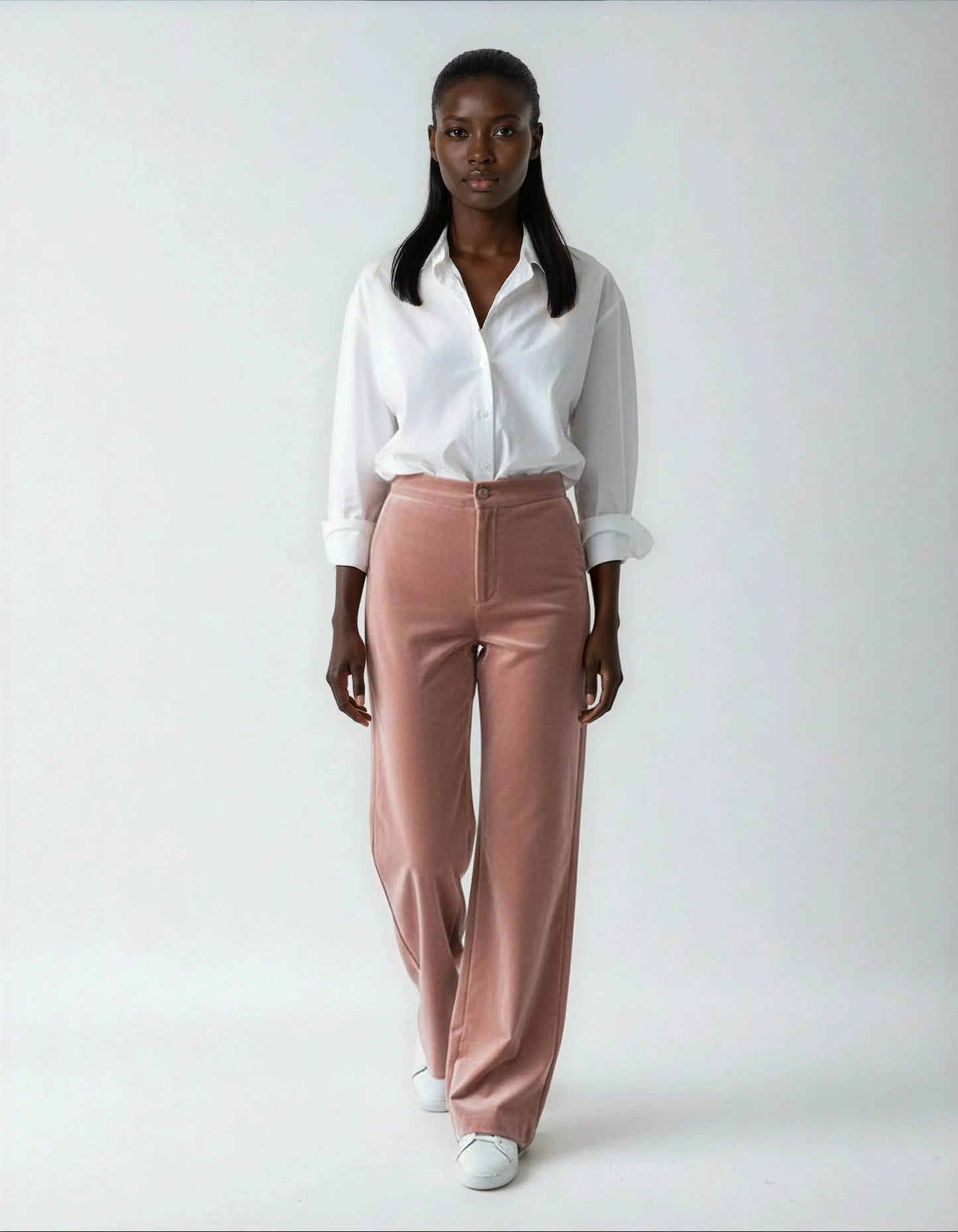 Elegant High Waisted Straight Cut Pink Velvet Trousers - IVORYNN