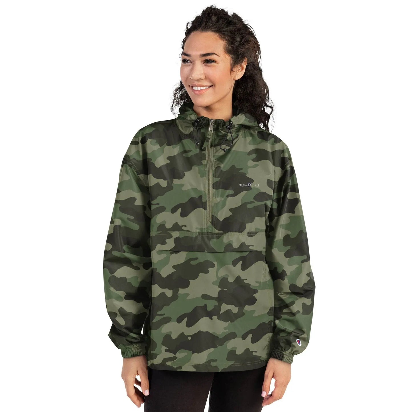 Embroidered Champion Packable Women Jacket - Army - IVORYNN