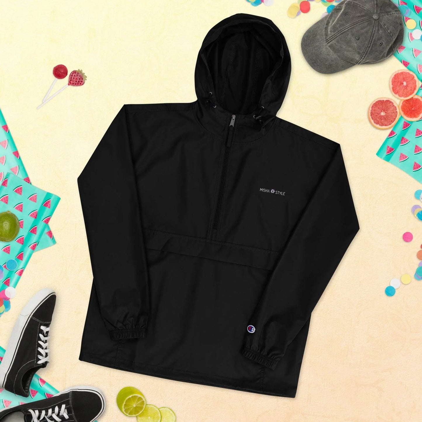 Embroidered Champion Packable Women Jacket - Black - IVORYNN