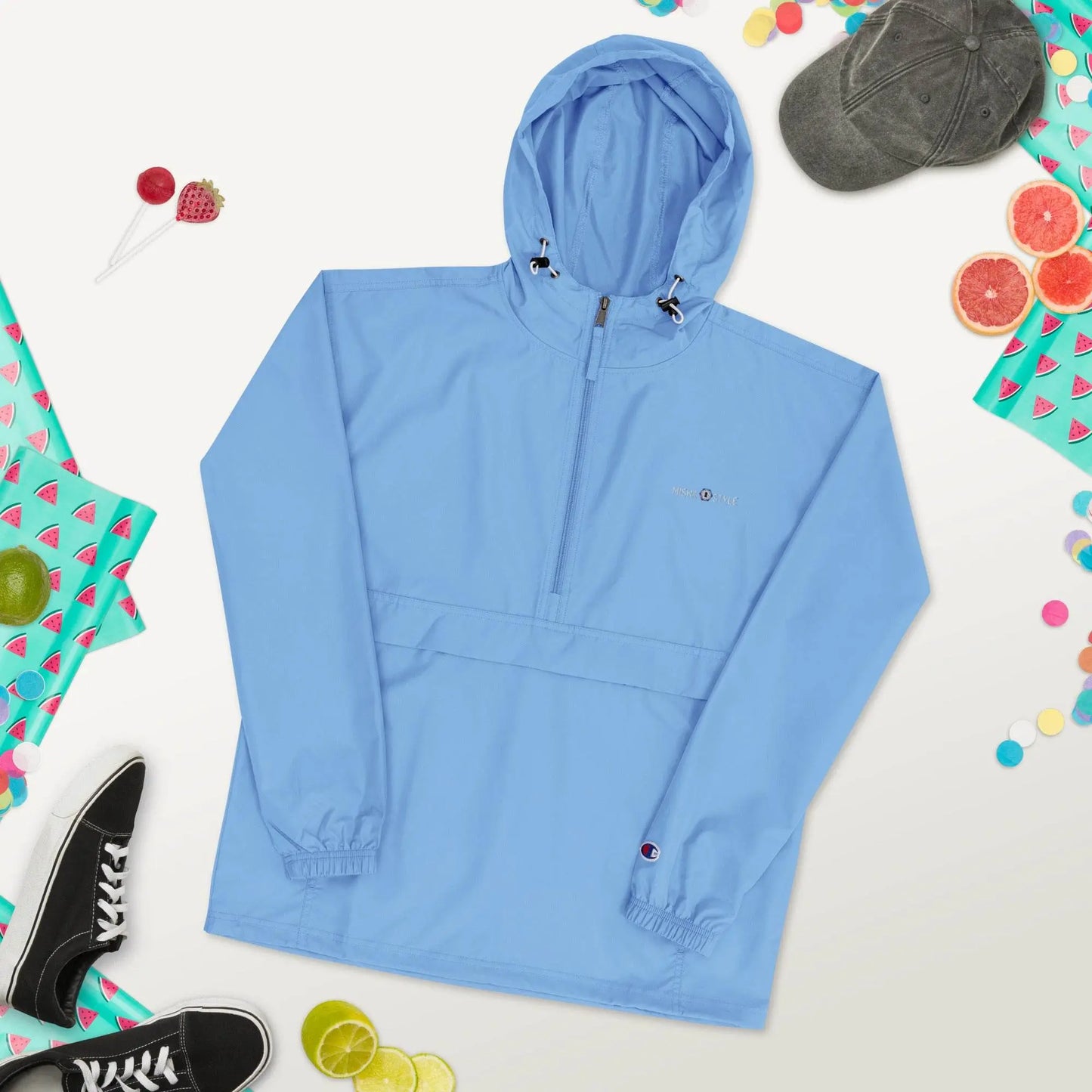 Embroidered Champion Packable Women Jacket - Light Blue - IVORYNN