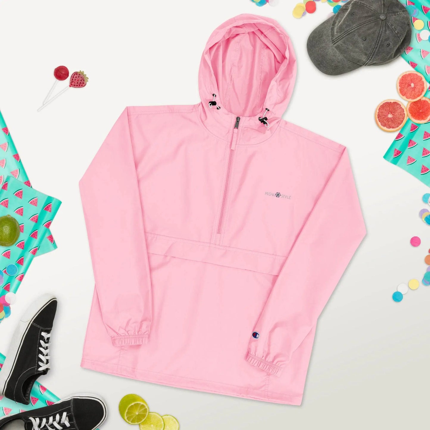 Embroidered Champion Packable Women Jacket - Pink - IVORYNN