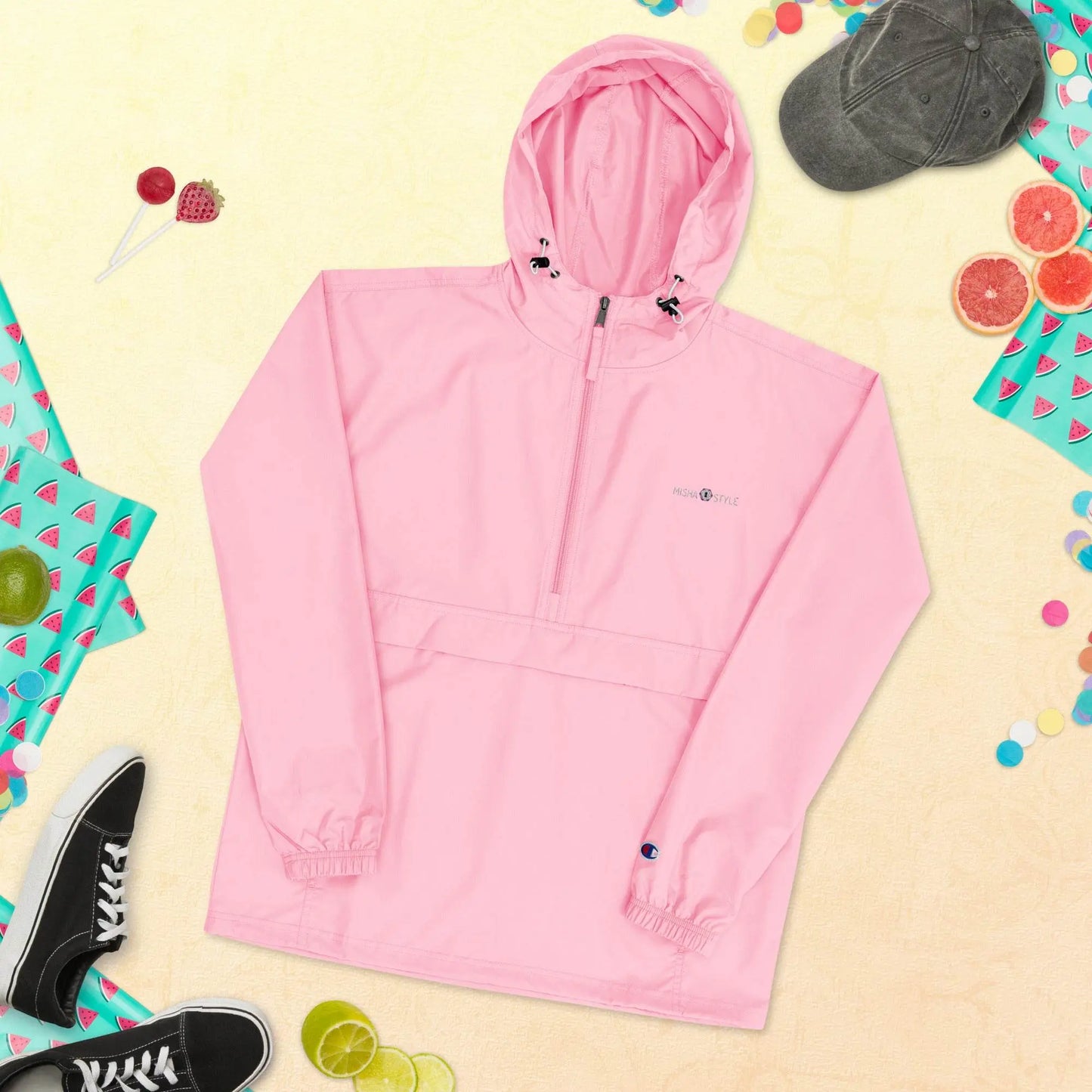 Embroidered Champion Packable Women Jacket - Pink - IVORYNN