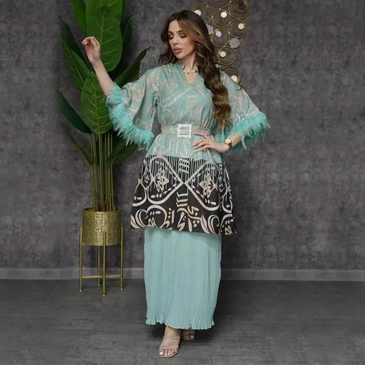 Feathers Sleeve Mesh Contrast Elegant Outfit - IVORYNN