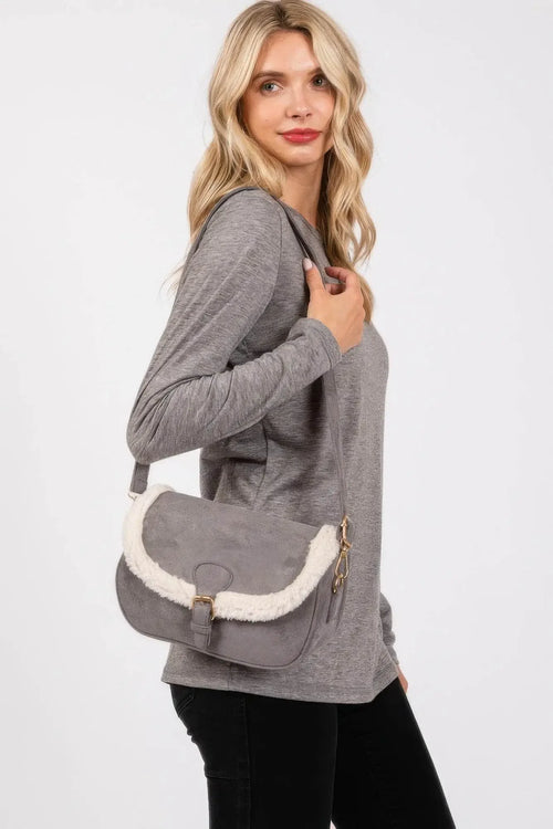 Fleece Trimmed Solid Crossbodybag Adjustable Strap - IVORYNN