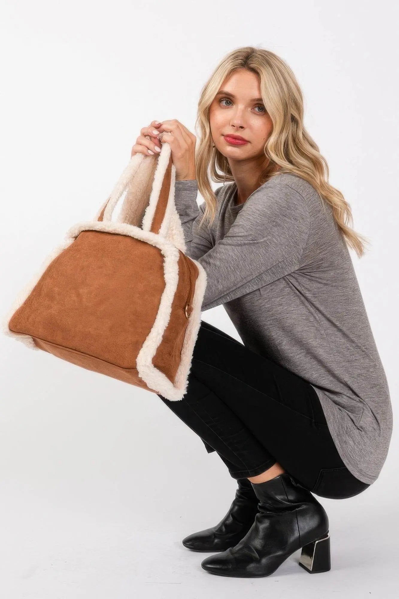 Fleece Trimmed Solid Tote And Crossbody Bag - IVORYNN