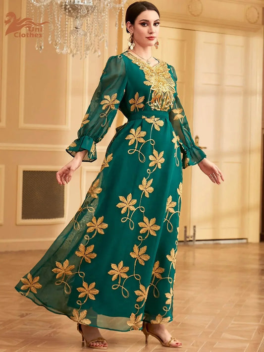 Floral Embroidery Mesh With Belt Jalabiya - IVORYNN