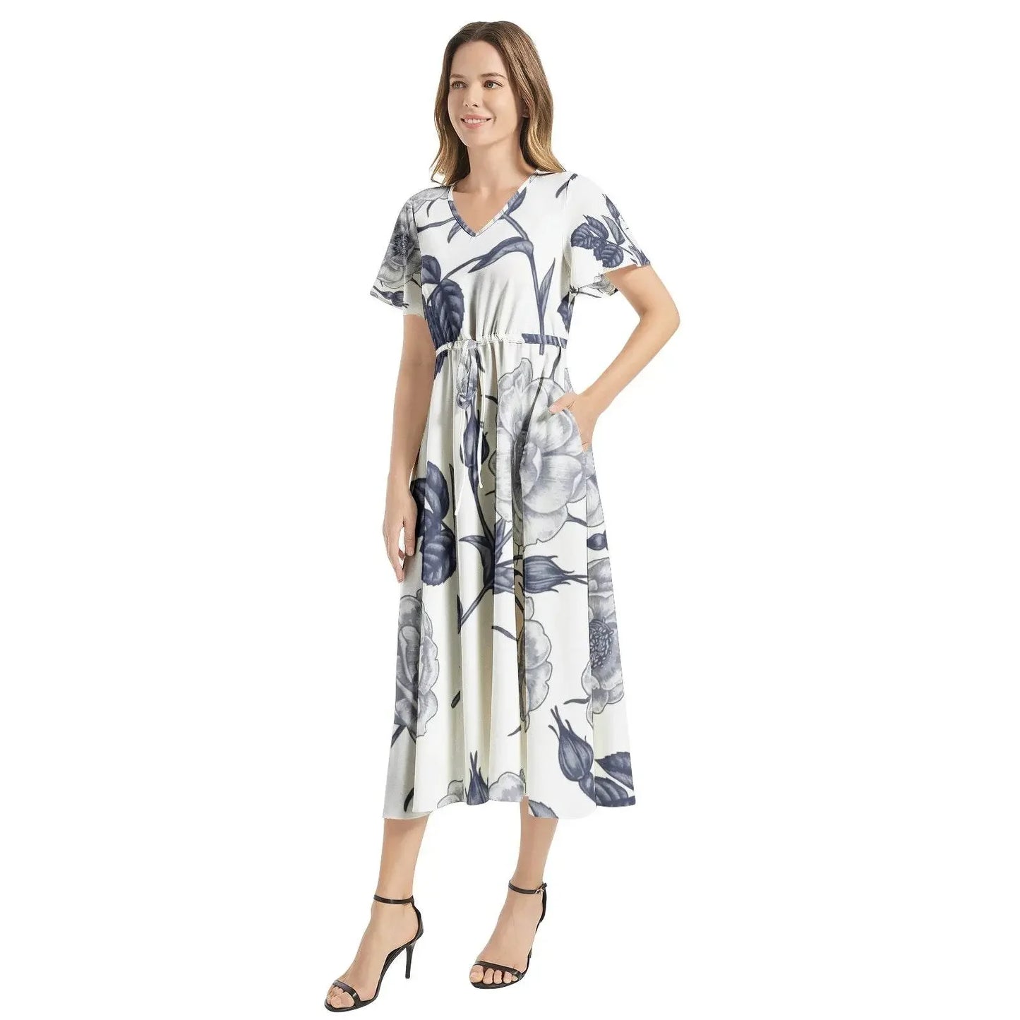 Floral Flutter Sleeve Drawstring Waist Flared Dress - IVORYNN